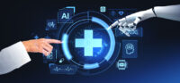 A human hand interacts with an artificial intelligence robotic hand with medical icons and a digital interface on dark background, illustrating healthcare technology AI trust